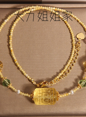 新中式天然黄晶回纹桶珠项链