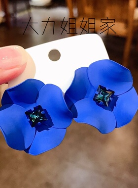 蓝色花朵耳环夸张轻奢立体耳饰