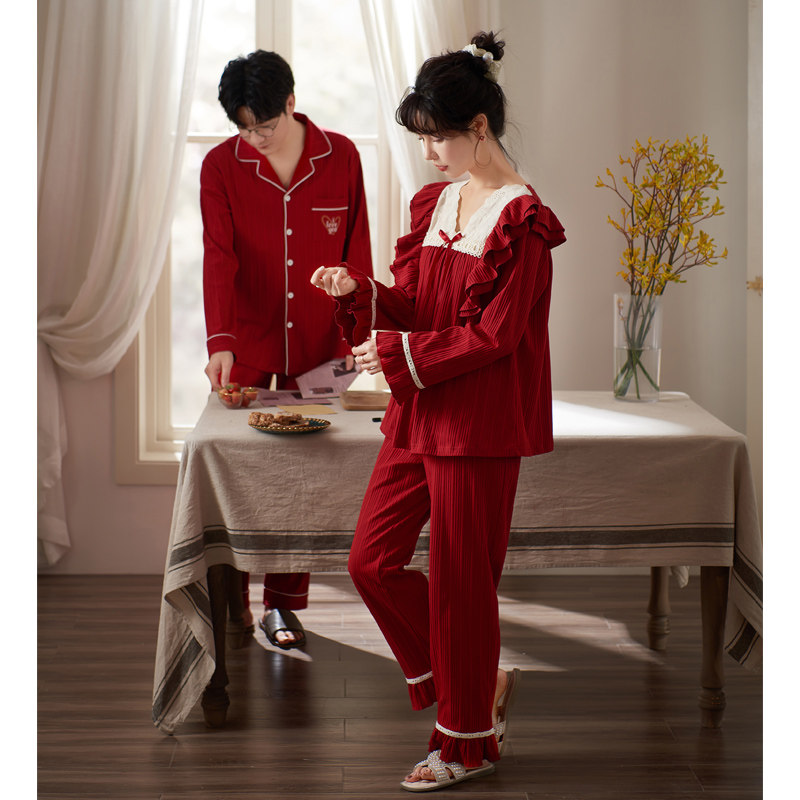 思莉太太情侣春秋款纯棉红色睡衣 思莉太太睡衣/家居服套装