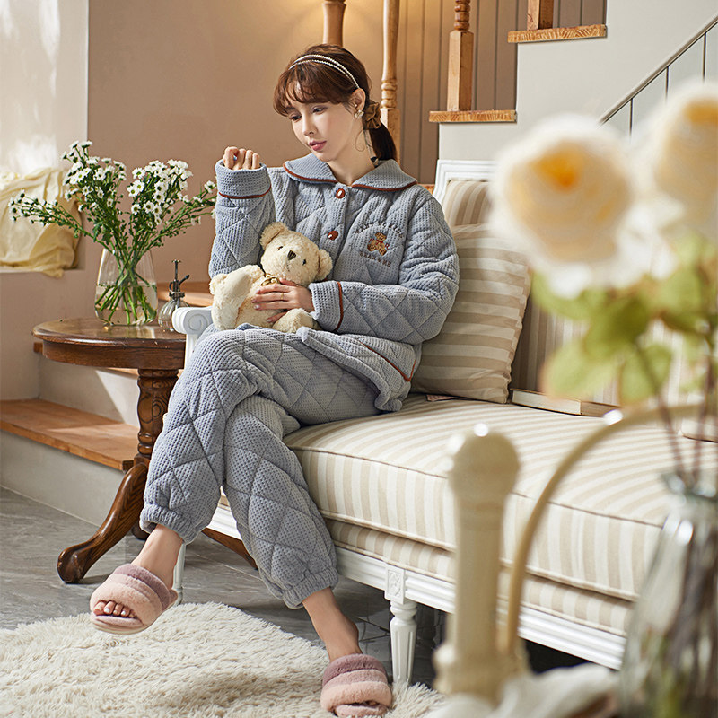 思莉太太冬季加绒三层夹棉超厚睡衣 思莉太太睡衣/家居服套装