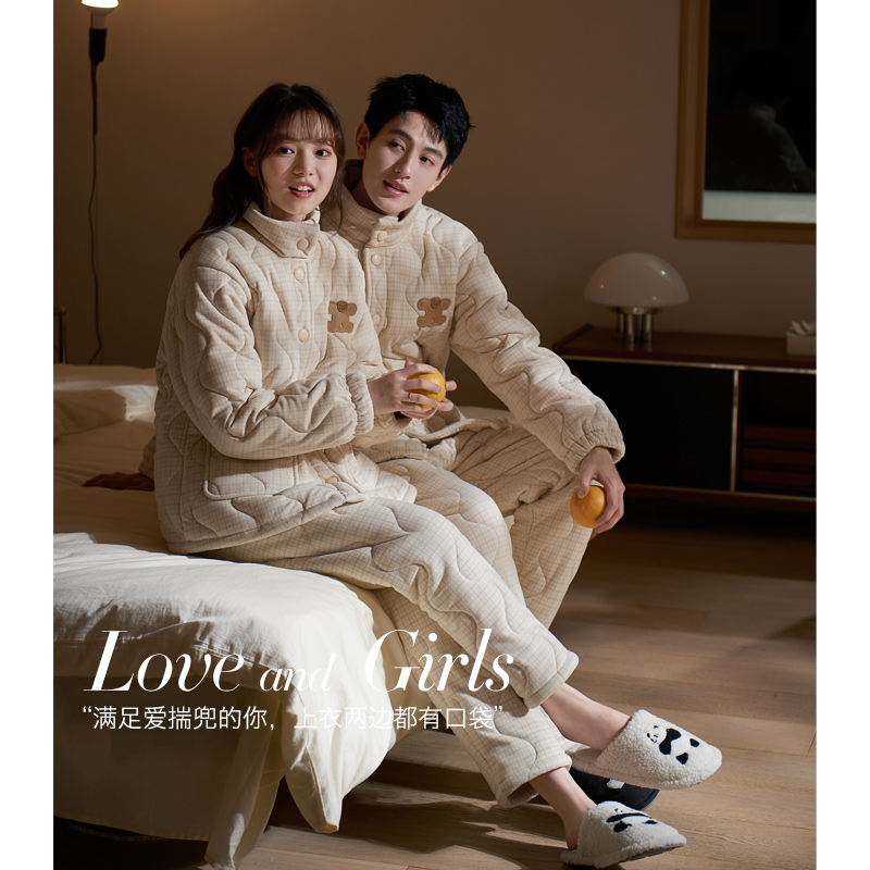 思莉太太情侣睡衣冬季女加厚加绒三层夹棉超厚冬天男士可外穿棉袄 - 图3