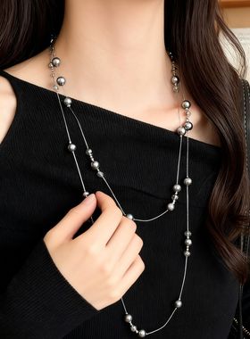 轻奢灰色多层珍珠毛衣链叠戴百搭