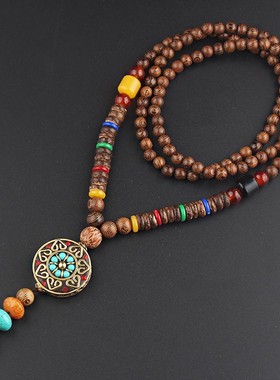 民族风木珠项链复古长款毛衣链百搭尼泊尔挂件男女衣服配饰品挂链