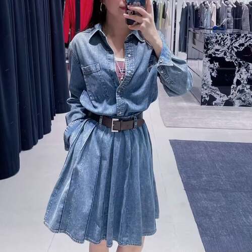 现货MO家商场同款2026春新款牛仔衬衫连衣裙女收腰显瘦长袖休闲裙 - 图0
