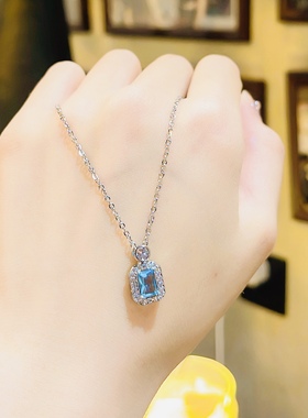 新款蓝色几何方糖锆石香水瓶项链