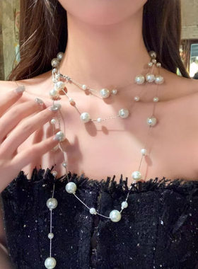 【蜜桃茶】香香千金 香槟金多层满天星珍珠项链女颈带毛衣链配饰