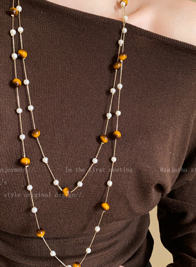 多层虎眼石长款毛衣链女秋冬新欧美范小众精致项链轻奢学生党配饰