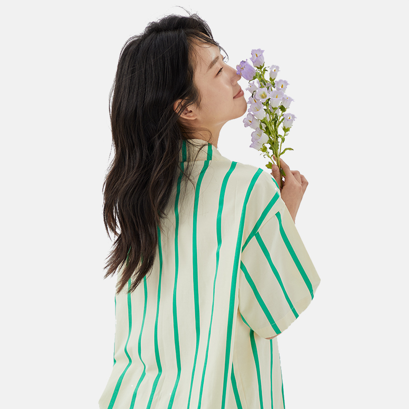 夏季新款睡衣绿色条纹套装可爱甜美风休闲舒适透气居家女宽松短袖-图1