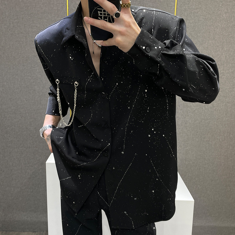 鹿鹿/夏季冰丝泼墨星空设计感衬衫套装男小众宽松垫肩衬衫两件套,淘宝优惠券,粉丝福利购,淘宝优惠卷