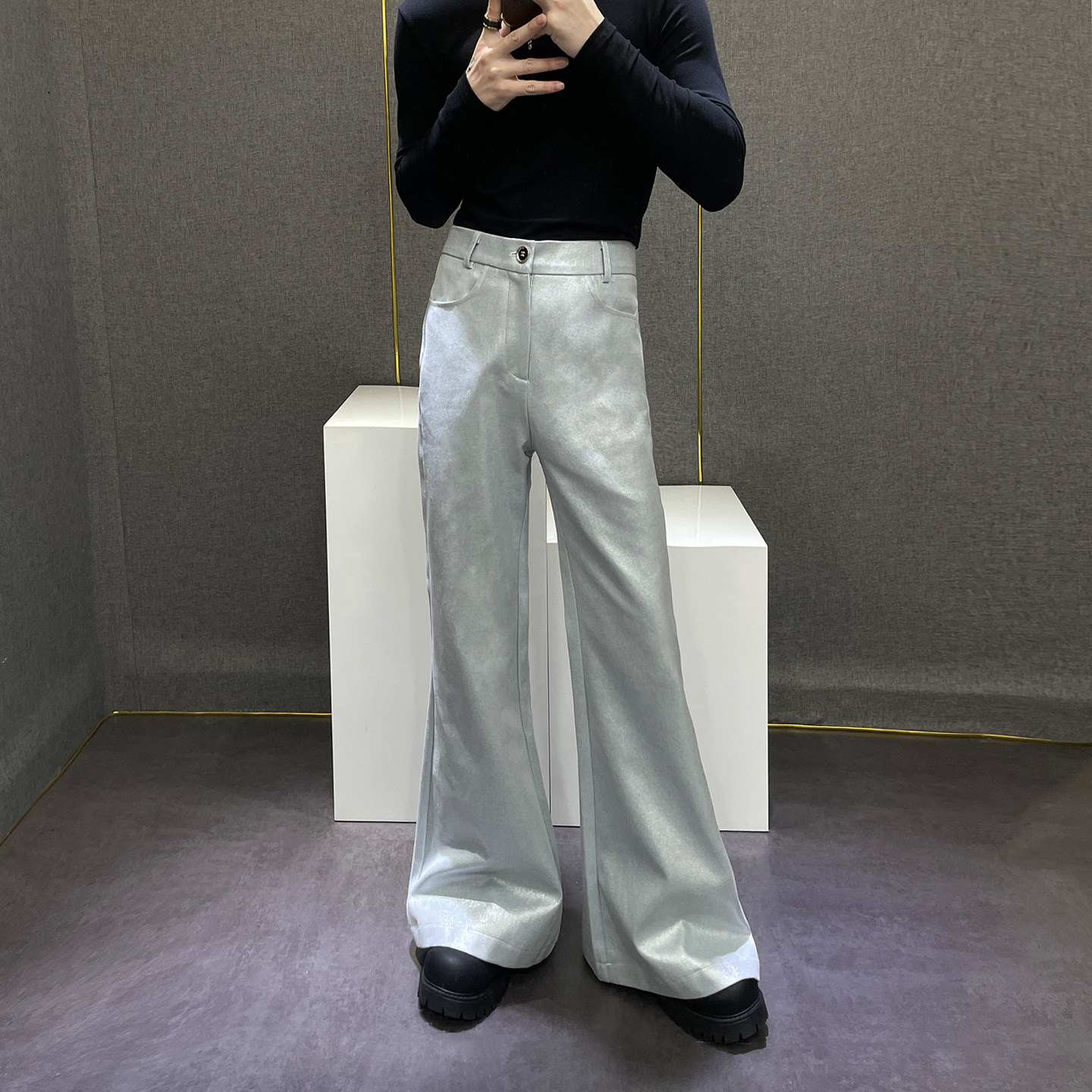 鹿鹿/定制面料银色立领亮面新中式套装男生秋季高级感潮流两件套,淘宝优惠券,粉丝福利购,淘宝优惠卷