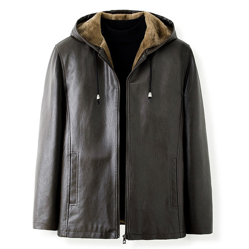 秋冬季中老年皮衣连帽男士皮夹克大码宽松休闲爸爸装加绒加厚外套 - 图3