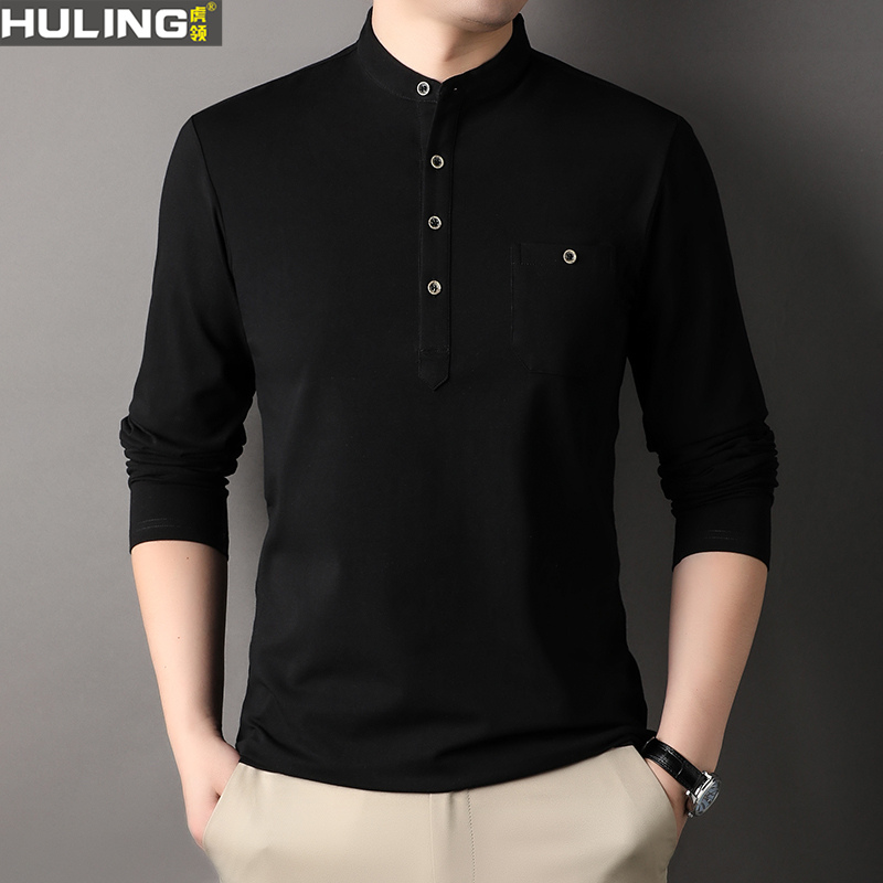 立领长袖t恤男士纯棉带扣立领打底衫潮流青年春秋季口袋休闲上衣