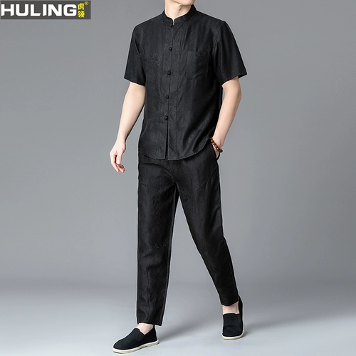 Шелковый летний комплект, короткий рукав, китайский стиль