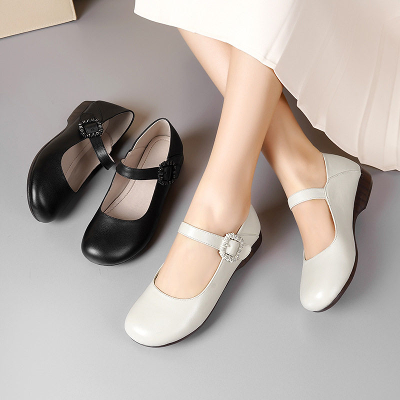 真皮软底浅口单鞋女春季新款平底防滑百搭圆头妈妈皮鞋一字扣女鞋,淘宝优惠券,粉丝福利购,淘宝优惠卷