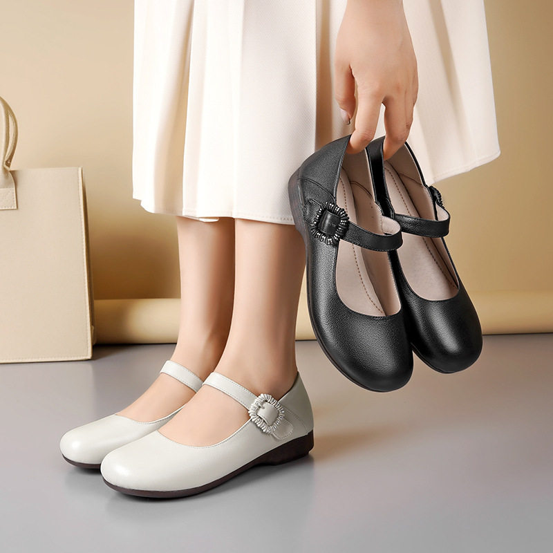 真皮软底浅口单鞋女春季新款平底防滑百搭圆头妈妈皮鞋一字扣女鞋,淘宝优惠券,粉丝福利购,淘宝优惠卷