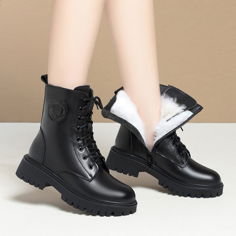 真软皮马丁靴女加绒中跟冬新款鞋子女棉鞋平底粗跟厚底英伦风短靴,淘宝优惠券,粉丝福利购,淘宝优惠卷