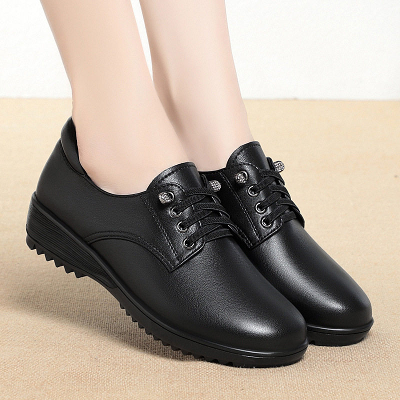 秋季新款单鞋女真皮中跟平底中老年妈妈鞋软底系带深口大码女皮鞋,淘宝优惠券,粉丝福利购,淘宝优惠卷