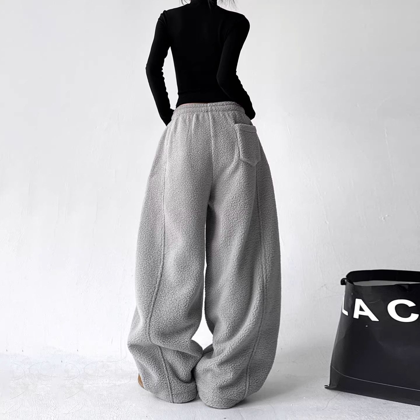 MDCW STUDIO美式慵懒风羊羔毛宽松阔腿裤女2025冬装保暖休闲裤子,淘宝优惠券,粉丝福利购,淘宝优惠卷