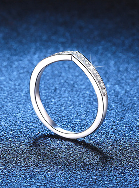 s925纯银指环女韩版V形戒满镶莫桑钻D色戒指排戒结婚