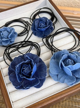 蓝色牛仔山茶花颈链少女绑带颈带