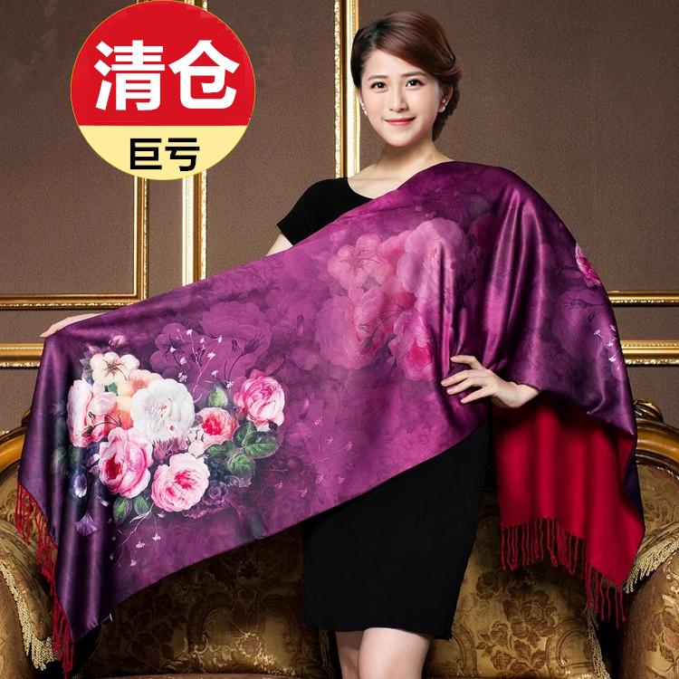 真丝丝巾女秋冬季高贵百搭长款桑蚕丝妈妈围巾旗袍披肩外搭两用 - 图2