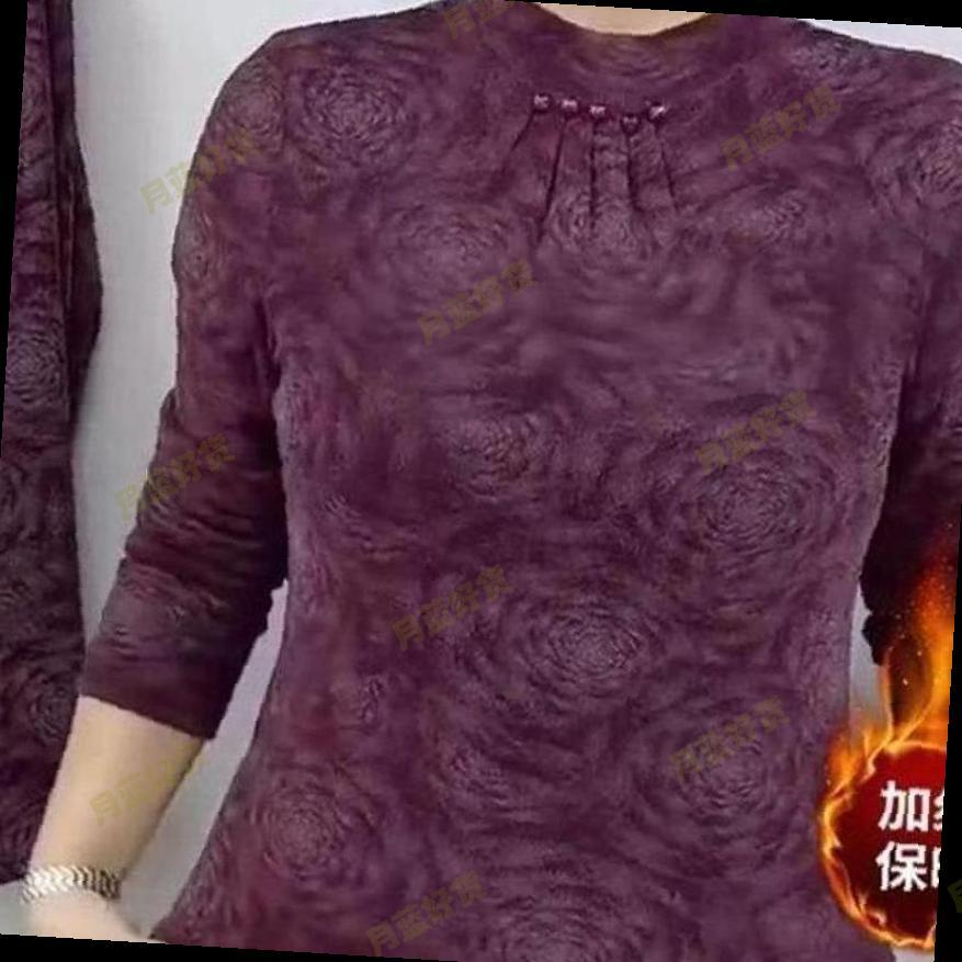 2025新款黑色玫瑰花纹长袖T恤女加绒保暖百搭打底衫妈妈装大码 - 图1