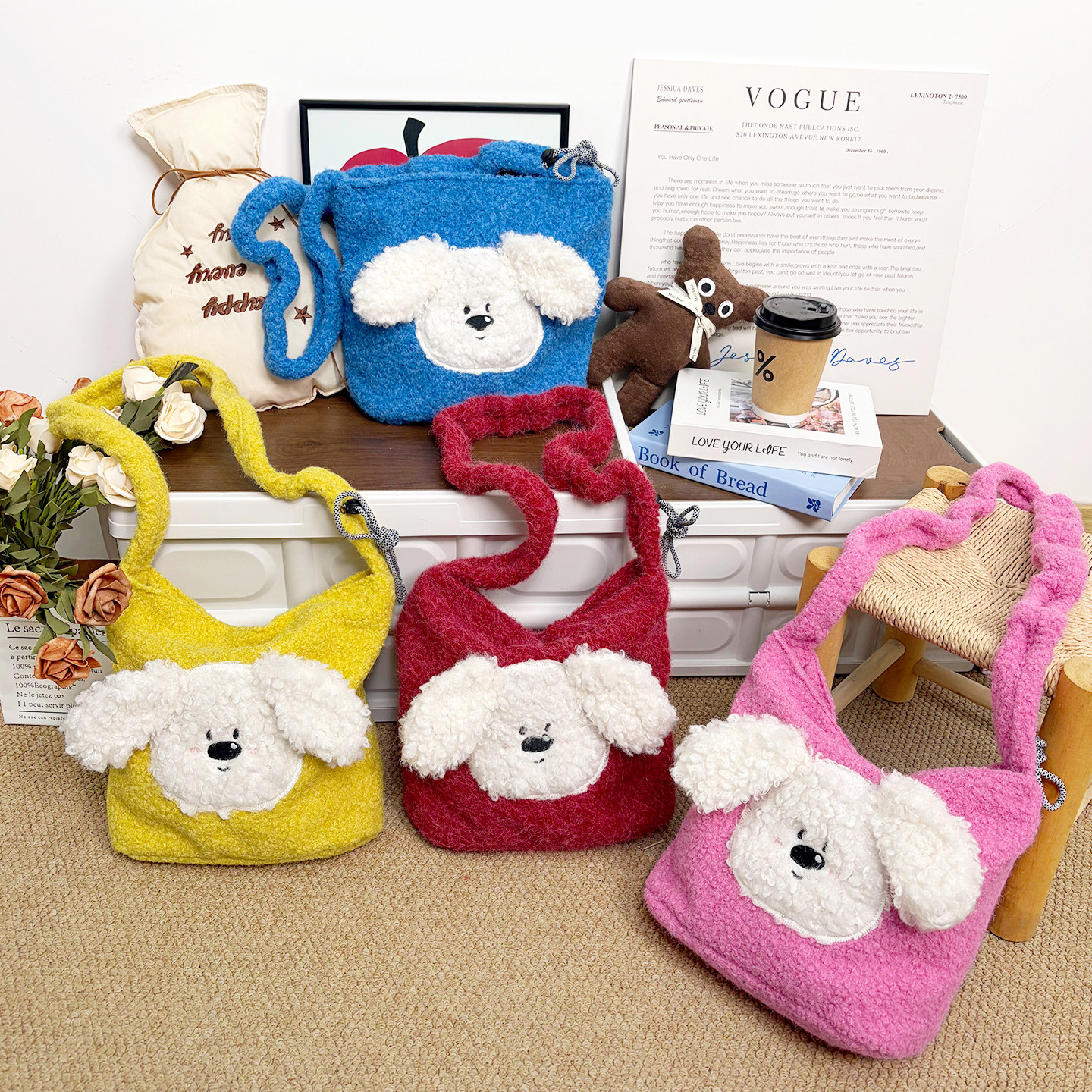 秋冬毛绒可爱比熊斜挎包女上学通勤百搭抽绳可调节肩带单肩腋下包,淘宝优惠券,粉丝福利购,淘宝优惠卷