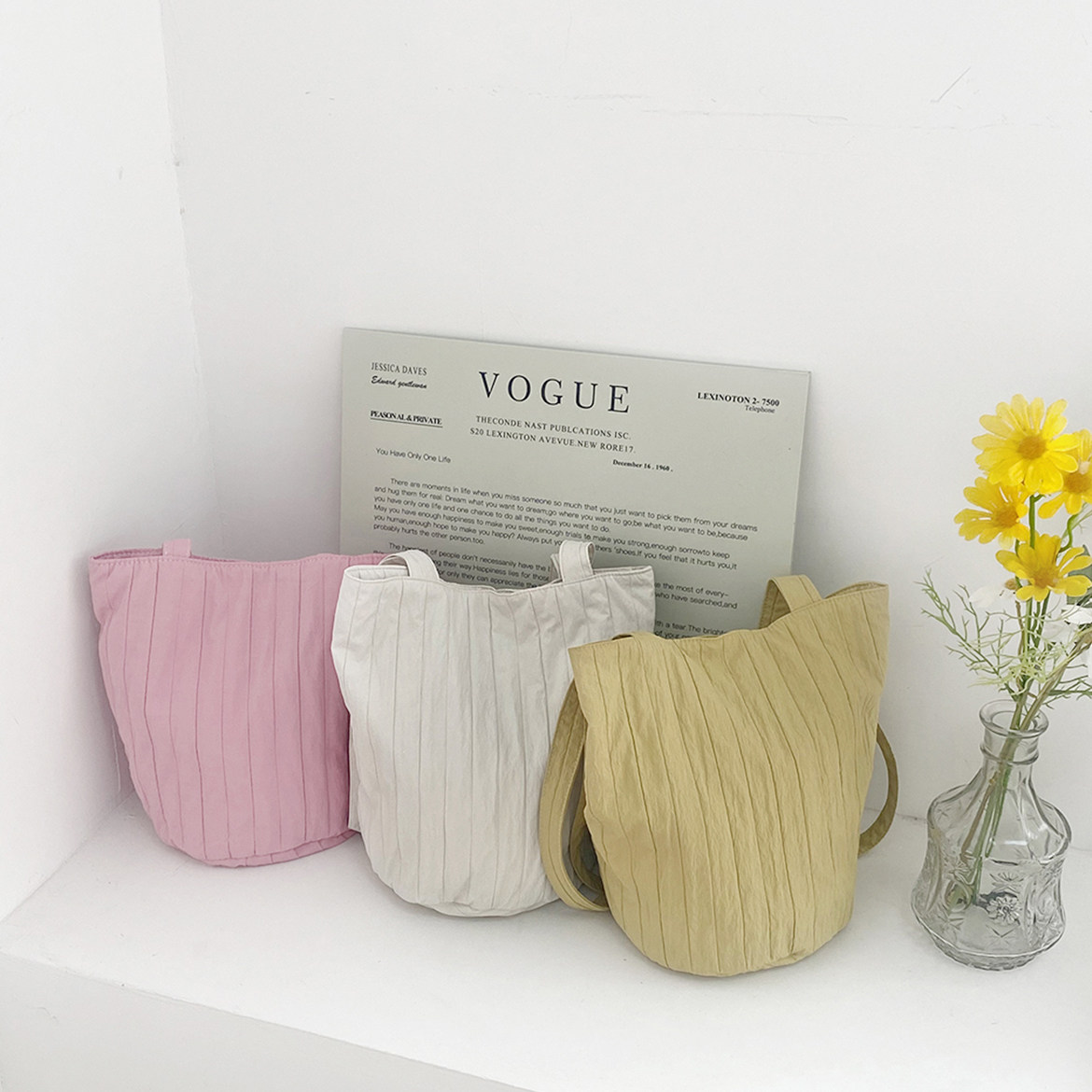 夏季小清新纯色竖条纹水桶包简约小众设计高级感褶皱单肩腋下女包,淘宝优惠券,粉丝福利购,淘宝优惠卷