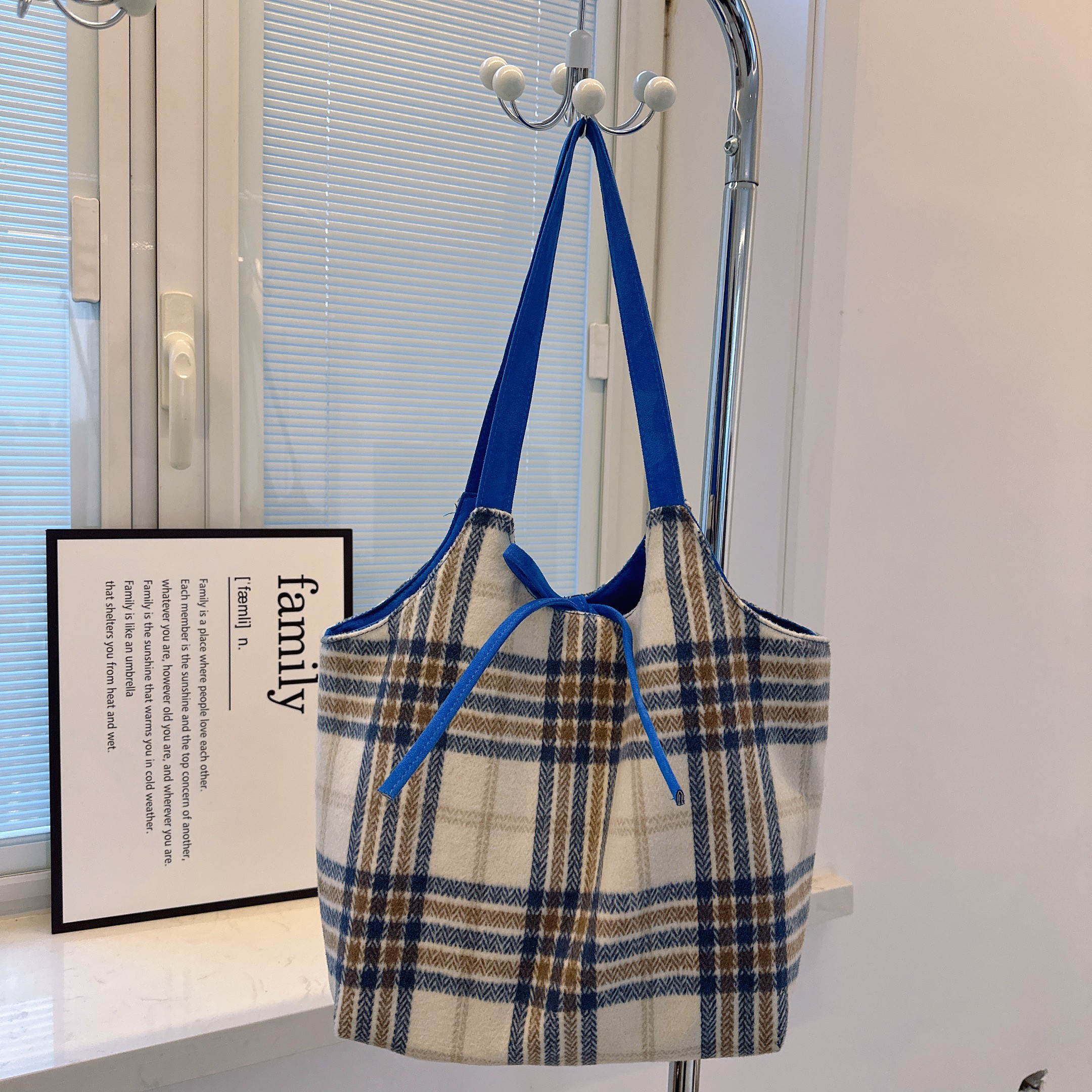 嗨橙日韩ins毛呢格纹背心包大容量单肩包购物袋百搭帆布包女秋冬,淘宝优惠券,粉丝福利购,淘宝优惠卷