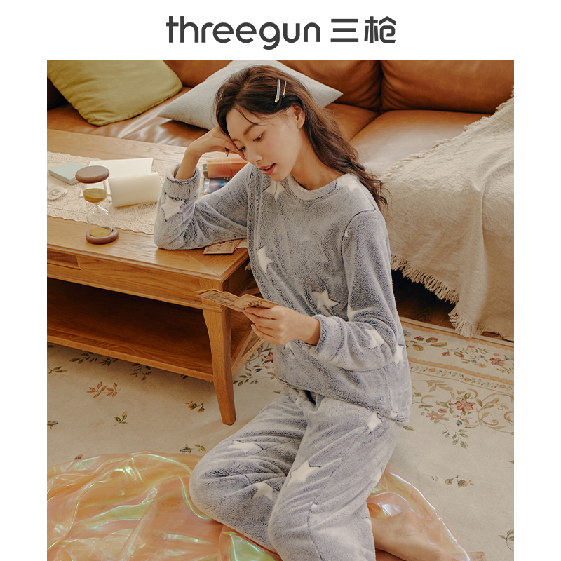 三枪官方旗舰店三枪珊瑚绒睡衣女冬季加绒加厚星星居家可爱甜美女士家居服套装0