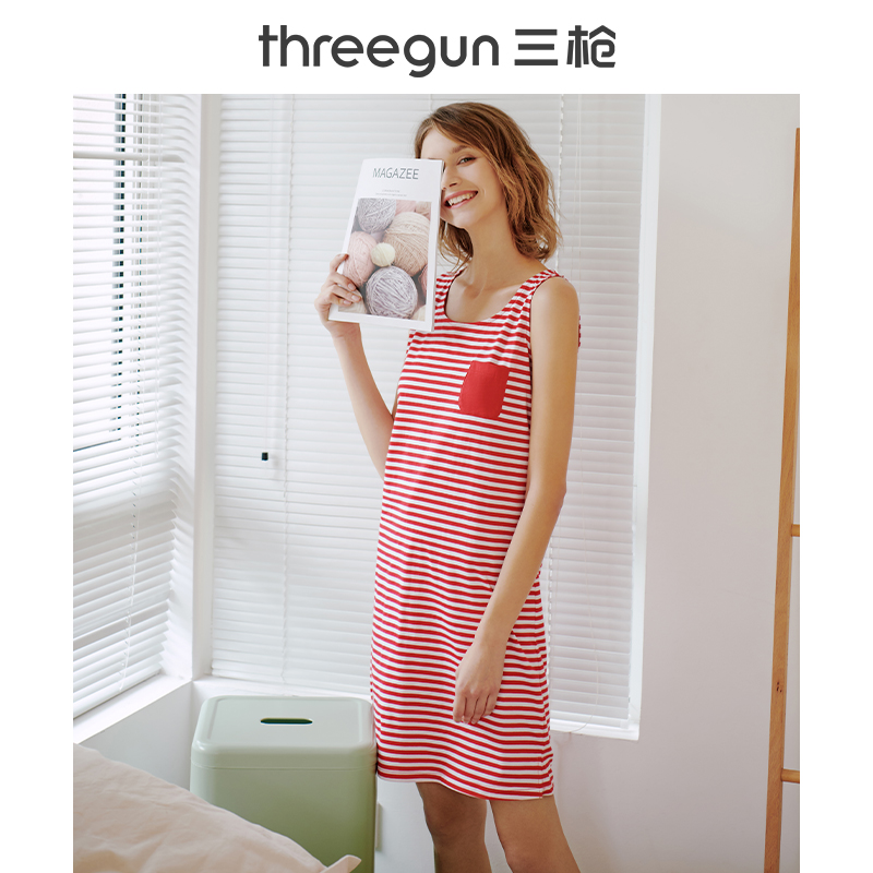 三枪官方旗舰店三枪纯棉睡裙女夏季夏天无袖印花可爱休闲宽松居家显瘦睡衣裙女士2