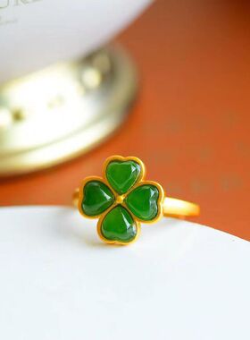 复古天然和田碧玉幸运草戒指古法