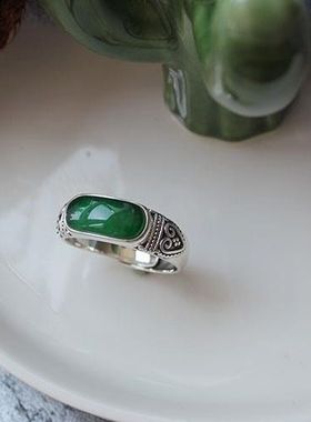 复古个性做旧碧玉花纹简约开口戒