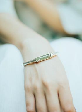 开口实心手镯女925镀银镶天然玉