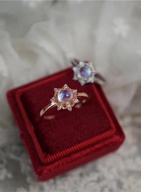 月光石雪片雪花镀玫瑰金轻奢活口戒指女款气质日韩风食指戒指环礼