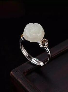 镀银镶嵌天然白玉玫瑰花复古文艺民族风活口戒指女时尚女指环饰品