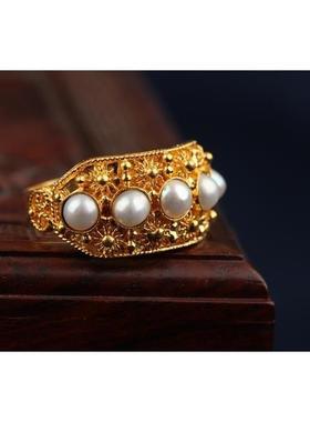 花丝复古宫廷珍珠绿松开口戒指