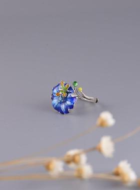 复古国潮中式花开富贵时尚气质景泰蓝蜻蜓烧蓝镀银活口戒指指环女