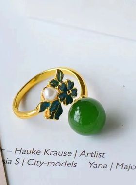 合金镀金活口戒指镶嵌白玉碧玉珍