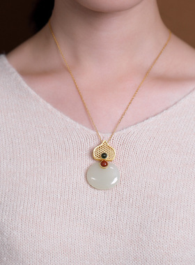 合金镀金锁骨项链镶嵌白玉葫芦吊坠民族风中式复古项坠挂坠颈饰品