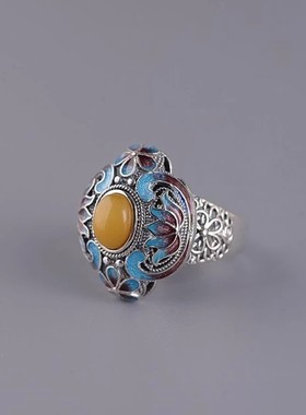 复古镀S925银天然蜜蜡碧玉仿南