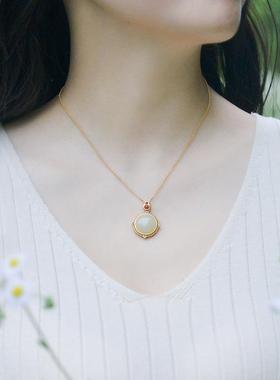 合金镀金锁骨项链镶嵌白玉复古女款吊坠气质民族风中式项坠颈饰品