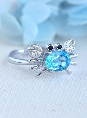 新款海蓝色石戒指女小螃蟹个性时
