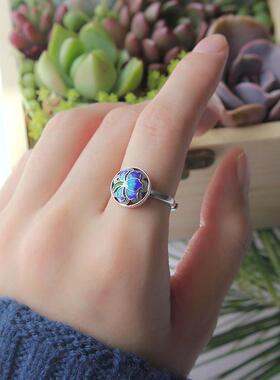镀银烧蓝珐琅彩民族风个性简约莲花开口活口戒指指环女款手饰品