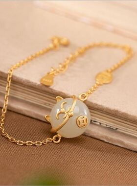 白玉招财猫镀金手链小猫咪复古精美女款民族风中式手环手串手饰品