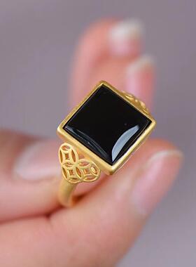 天然墨玉方形戒指镀金指环复古气质高雅百搭开口可调节民族风饰品
