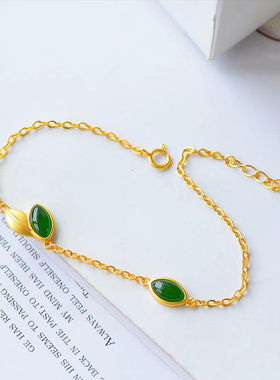 新品天然叶子玉石镀金手链清新气质宫廷风文艺复古手饰品气质礼物