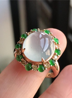 冰透白冰蛋面精美戒指银镶嵌时尚