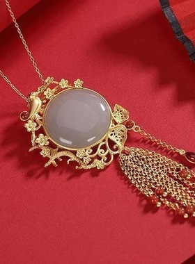 女款古风流苏圆牌烟紫玉吊坠镀金锁骨项链民族风项坠挂坠颈饰品礼