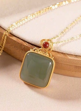 青玉白玉古风镶古法金吊坠复古